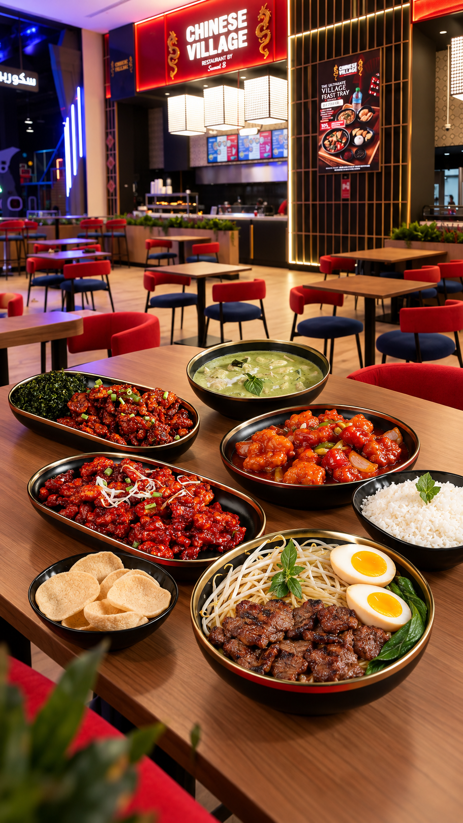 Chinese and Thai dishes served inside Chinese Village restaurant
