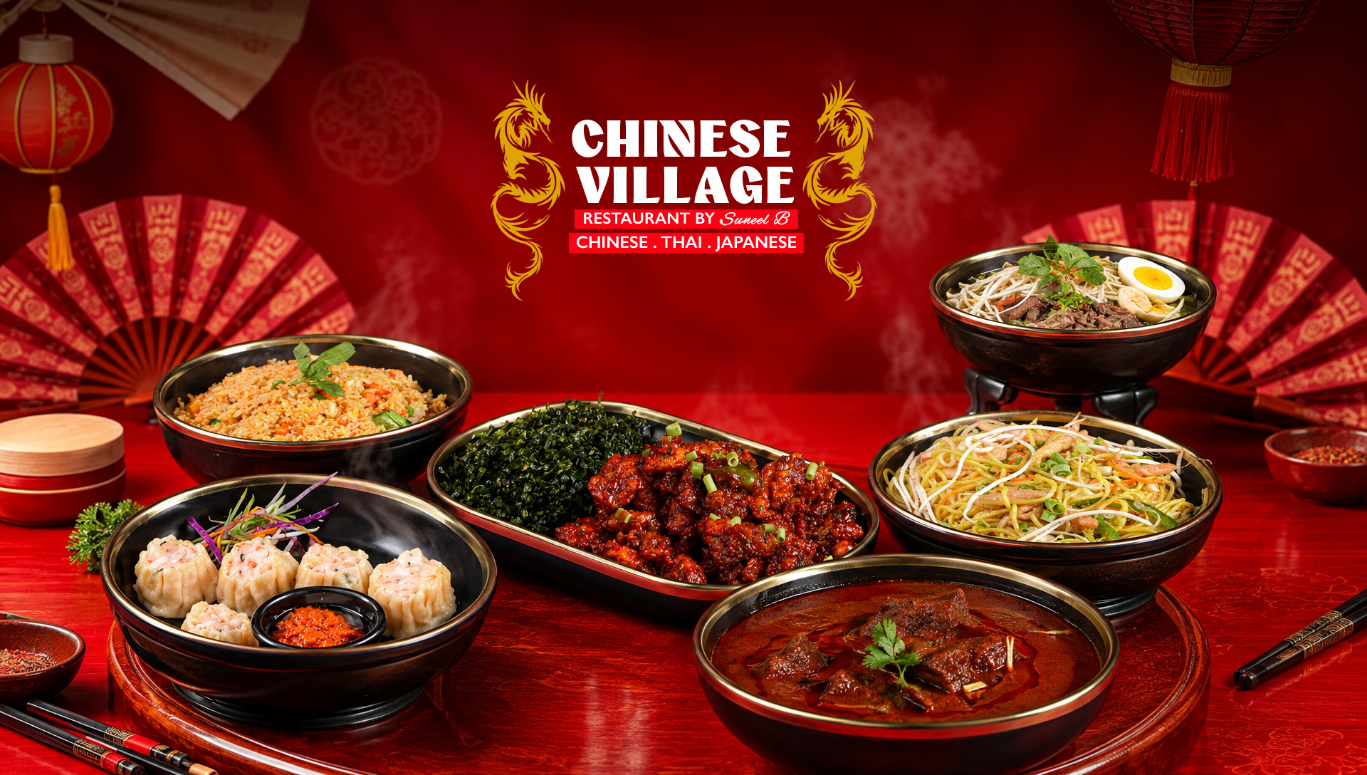 Chinese Village feast with noodles, dim sum and curries