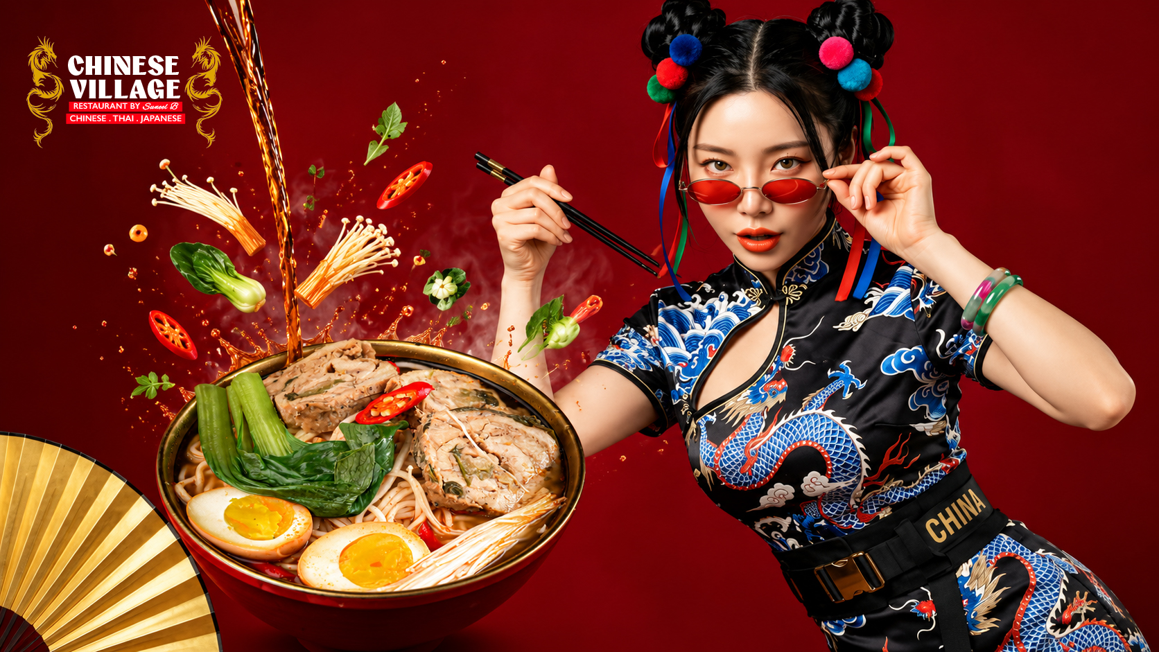 Chinese Village noodle campaign featuring a model in a dragon-patterned outfit