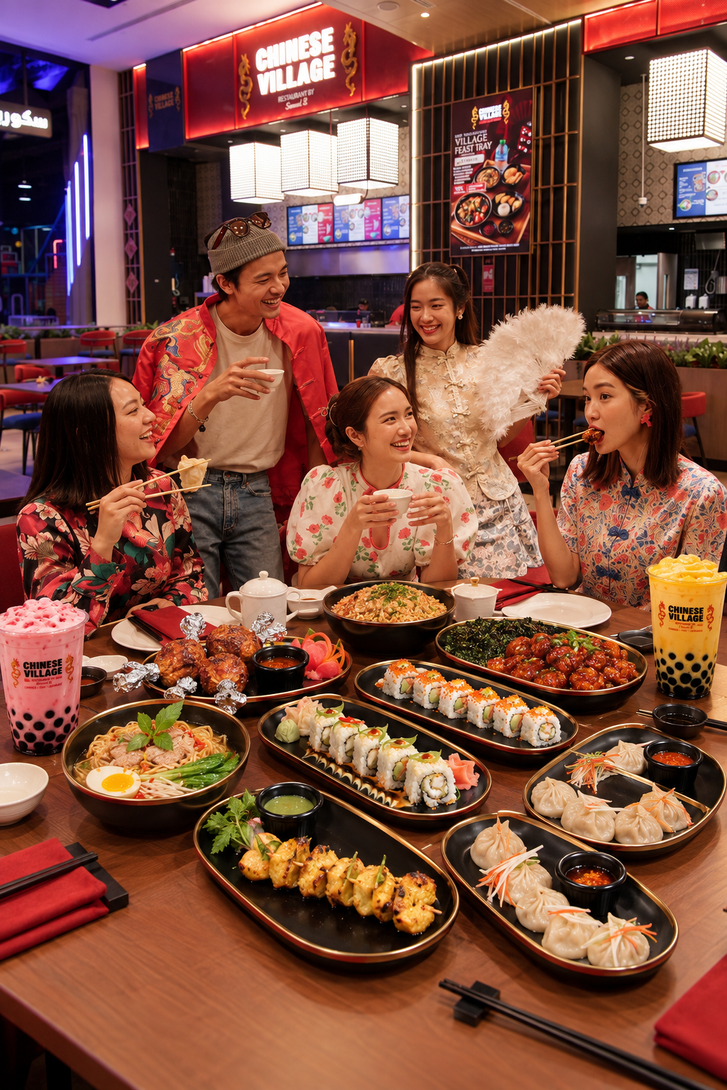 Friends enjoying a shared feast at Chinese Village