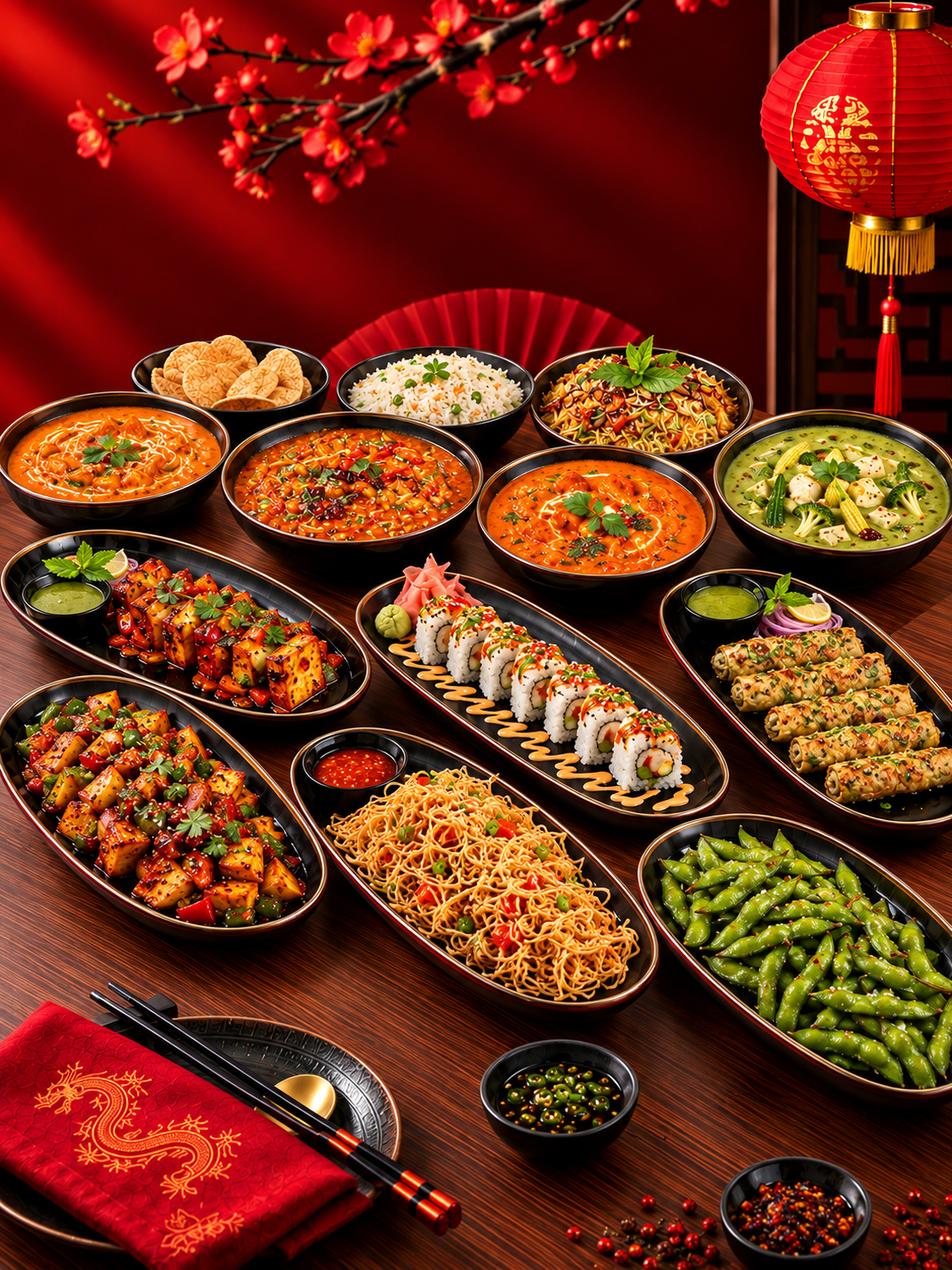 A colourful Chinese Village sharing spread with curries, noodles, sushi and vegetables
