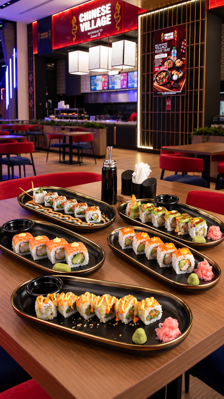 Assorted sushi and Japanese sharing platters served inside Chinese Village restaurant